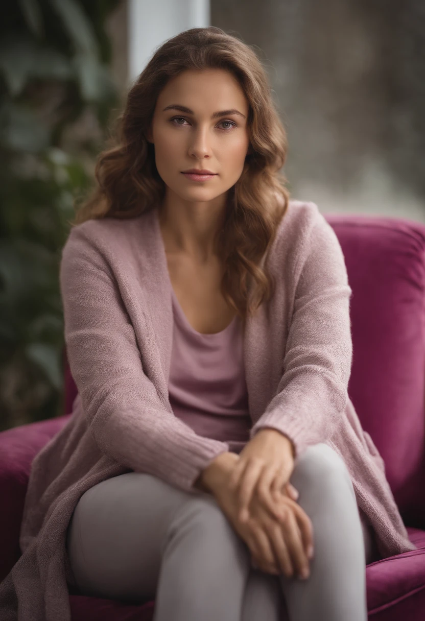 young woman siting on armchair ((upper body)) in the style of light magenta and light gray, calm and meditative, barbizon school, exaggerated facial features, light brown and white, happycore,