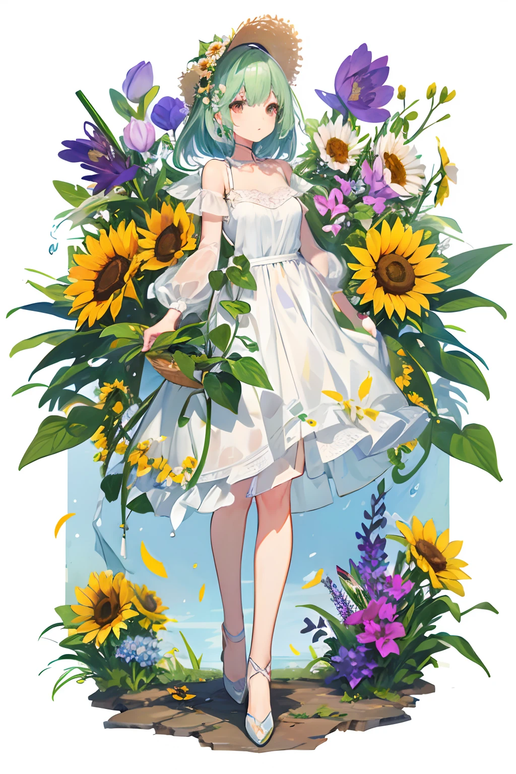 (Mouthpiece, top quality, illustration, very high quality, very delicate writing), plant-based woman, full body, lively, no background, one person, sunflower, dandelion, tulip, violet, water lily flower,