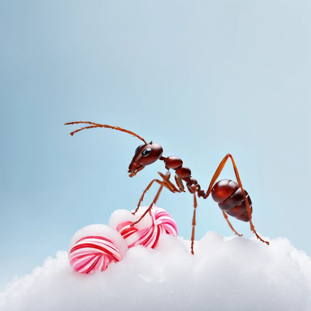 an ant standing on a pile of candy covered by snow