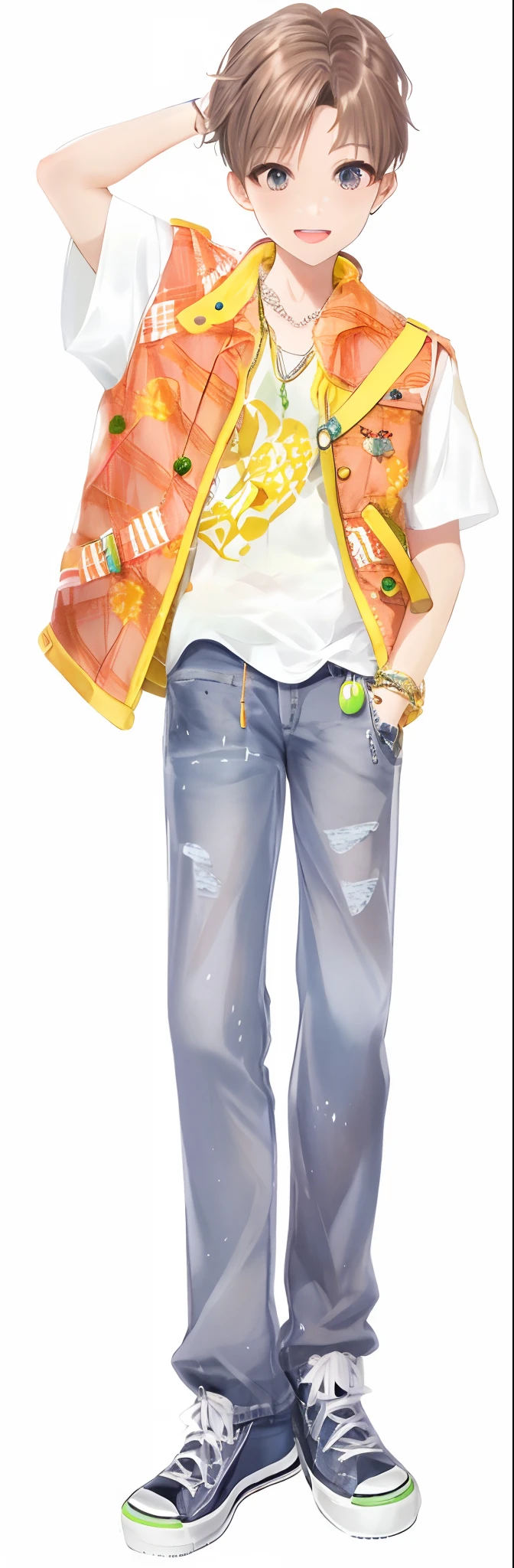 Pubic area is clear，filigree，denim pant ，Orange plaid coat