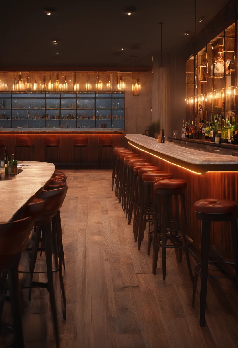 Empty bar, dark warmth, night, row of high chairs by the bar, deserted, flat table