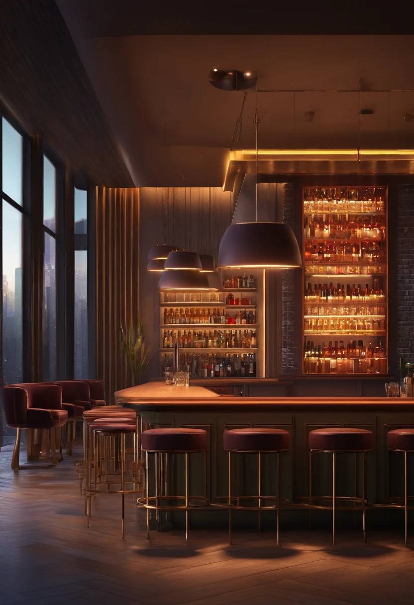 Empty bar, dark warmth, night, row of high chairs by the bar, deserted, flat table