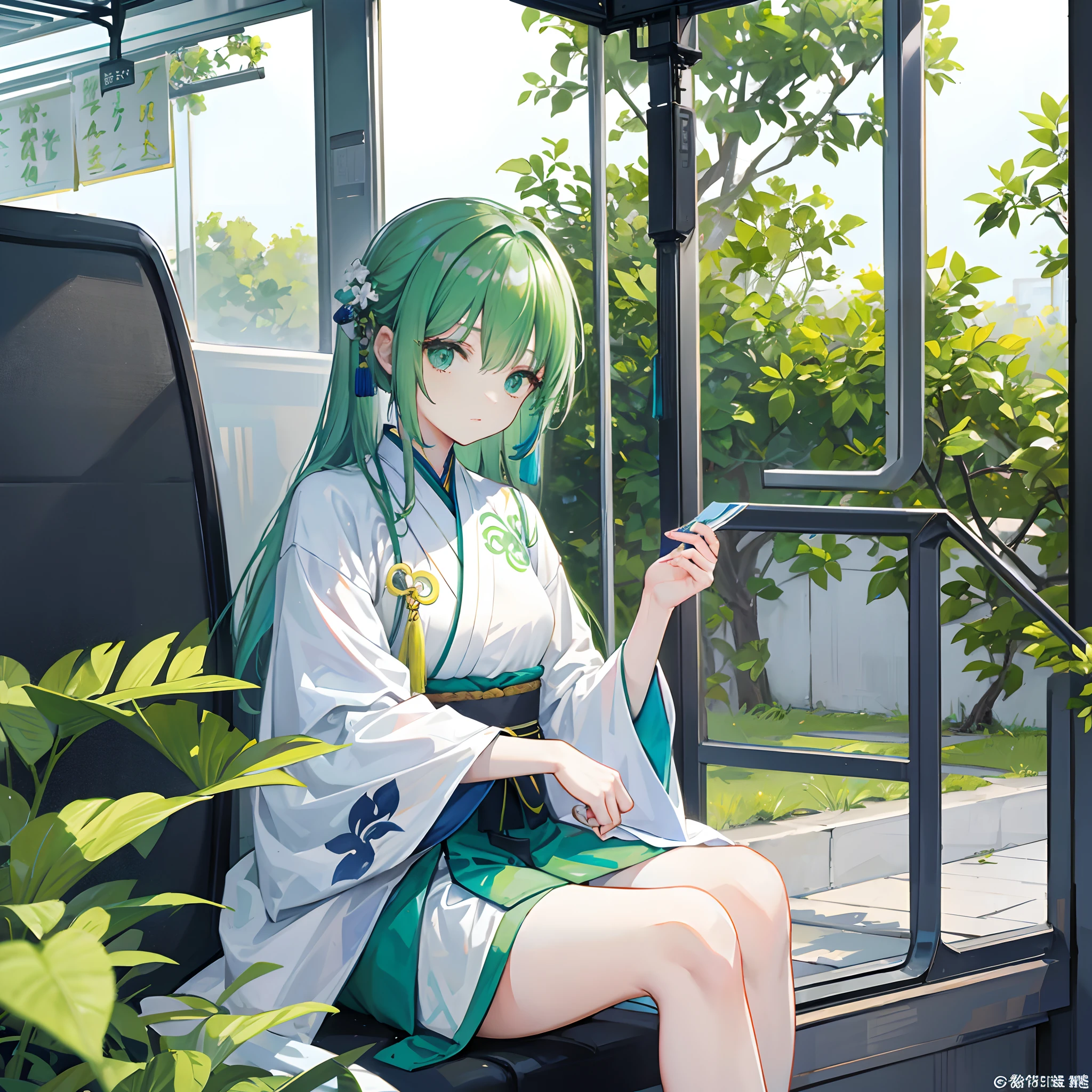 Green Hanfu,Female Taoist,Sit in a waiting chair on the bus,Wait for the bus,Sunny,White walls,White floor tiles