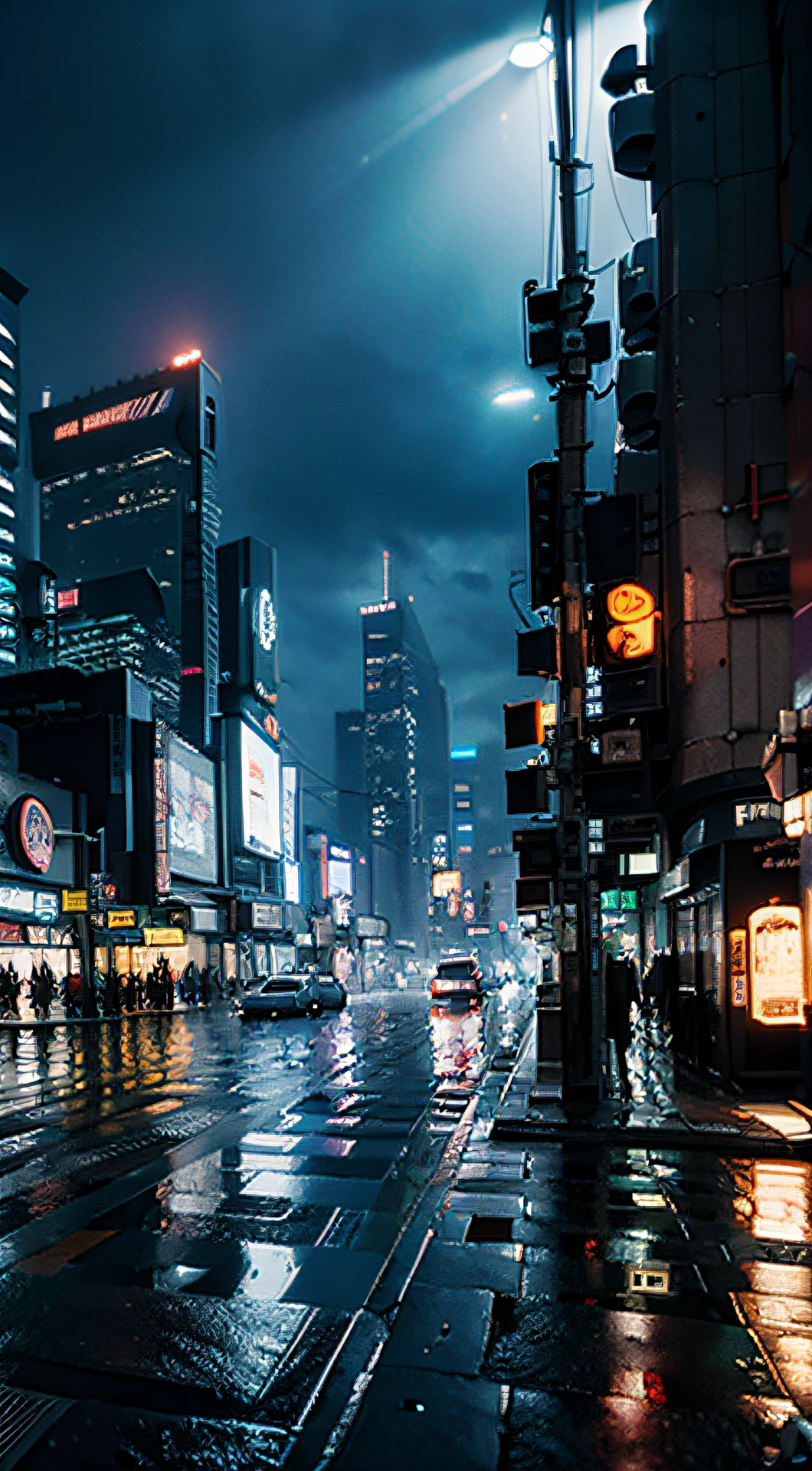 Cyberpunk city in heavy rain