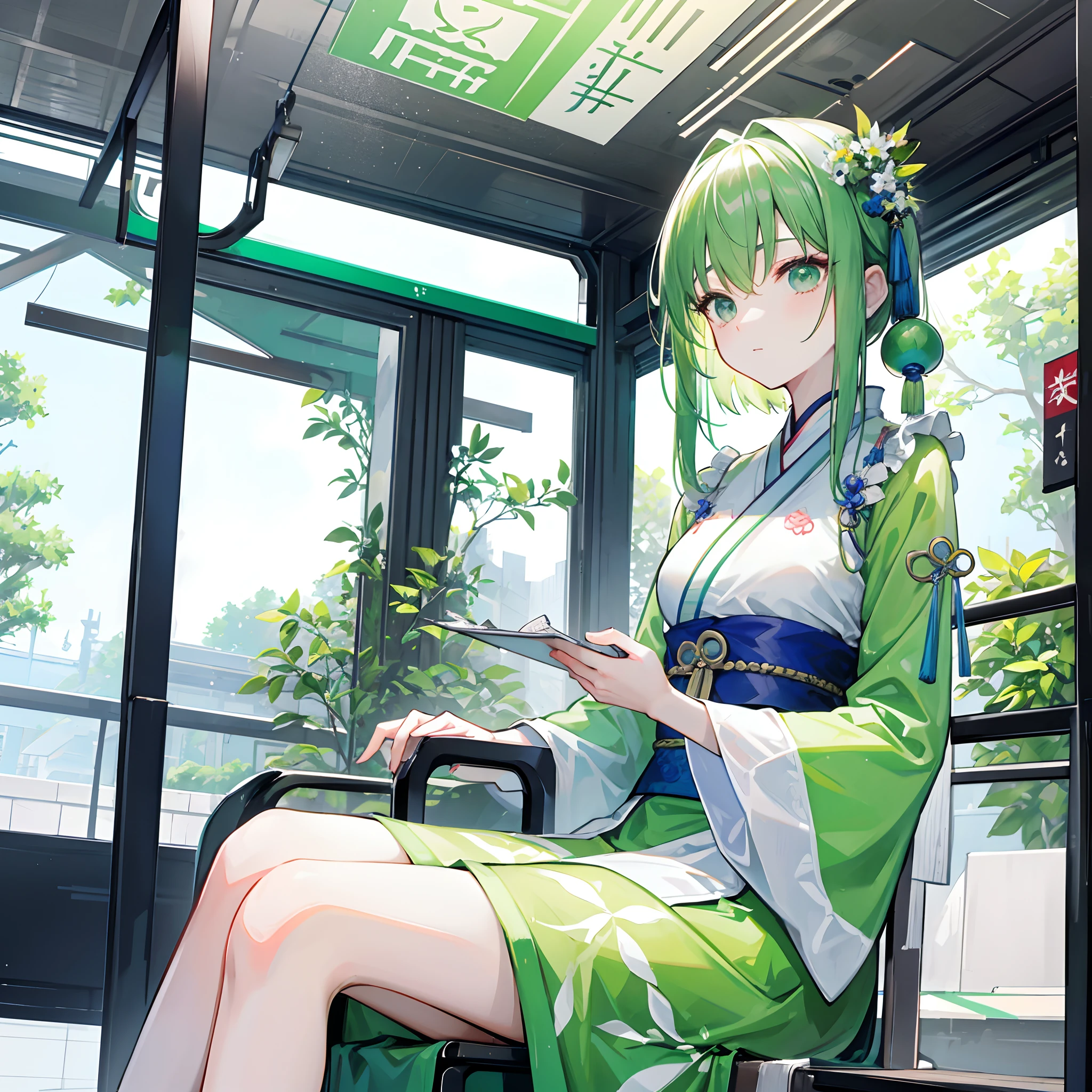 Green Hanfu，Female Taoist，Sit in a waiting chair on the bus，Wait for the bus，Sunny，White walls，White floor tiles