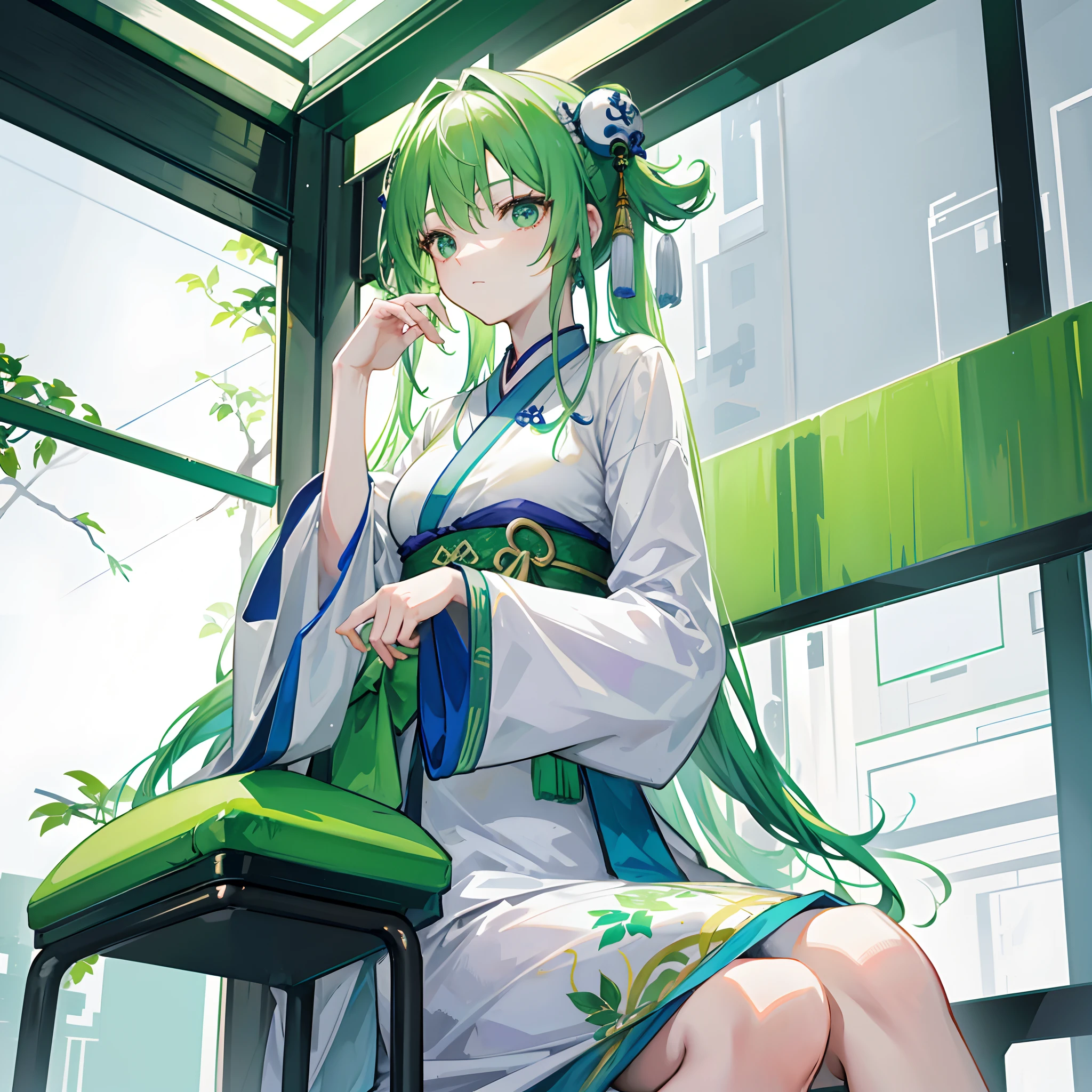 Green Hanfu，Female Taoist，Sit in a waiting chair on the bus，Wait for the bus，Sunny，White walls，White floor tiles