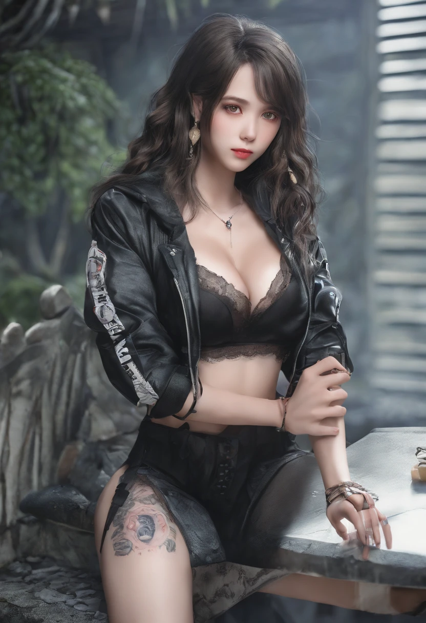 A pornographic teenage girl wearing Korean lingerie，s the perfect face，Wearing black stockings，Wear stiletto heels，with tattoos，Have on the street，incredibly detailed，ultra-realistic realism