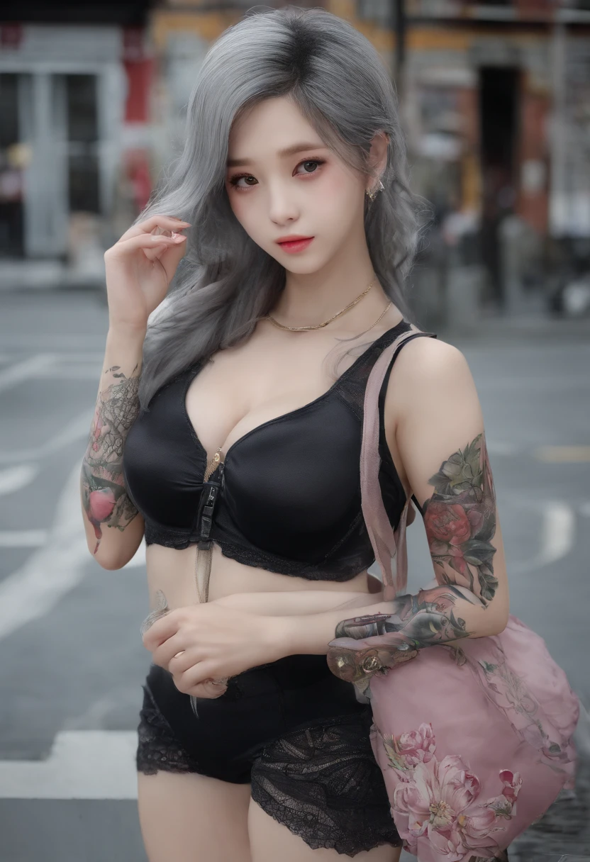 A pornographic teenage girl wearing Korean lingerie，s the perfect face，Wearing black stockings，Wear stiletto heels，with tattoos，Have on the street，incredibly detailed，ultra-realistic realism