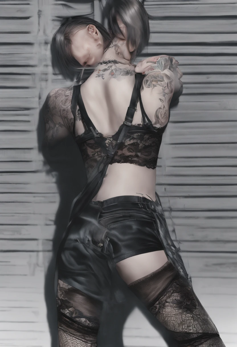 A pornographic age girl wearing Korean lingerie，s the perfect face，Wearing black stockings，Wear stiletto heels，with tattoos，Have on the street，incredibly detailed，ultra-realistic realism