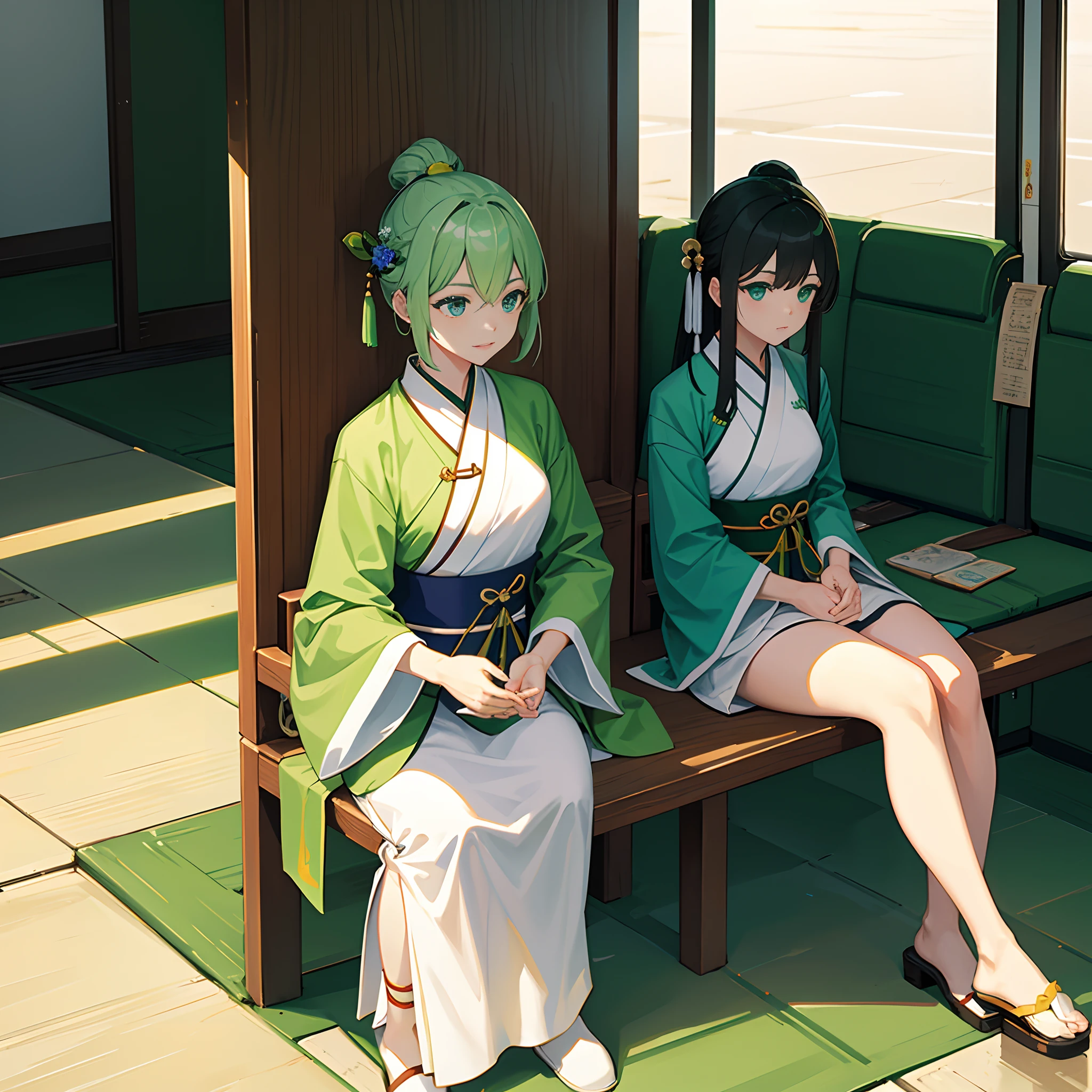 Green Hanfu,Female Taoist,Sit in a waiting chair on the bus,Wait for the bus,Sunny,White walls,White floor tiles
