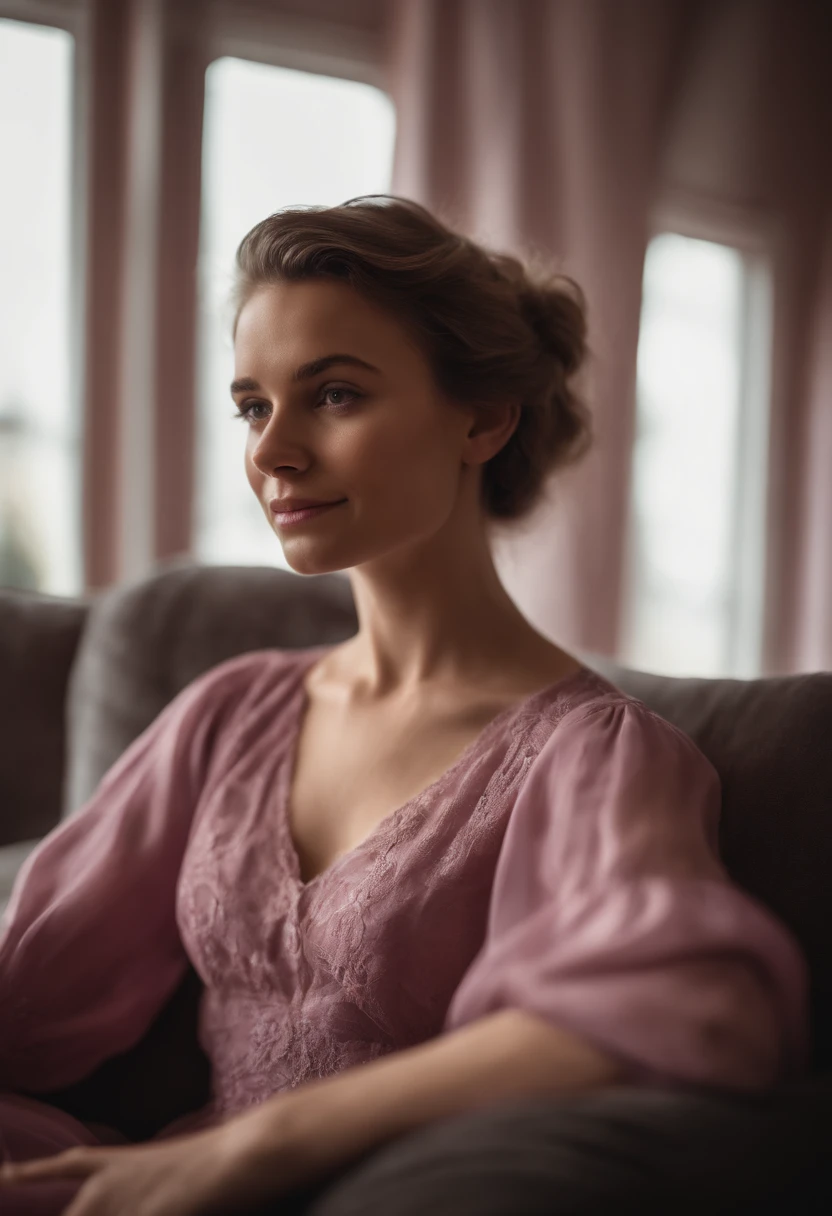 young woman siting on armchair ((close up)) in the style of light magenta and light gray, calm and meditative, barbizon school, exaggerated facial features, light brown and white, happycore,