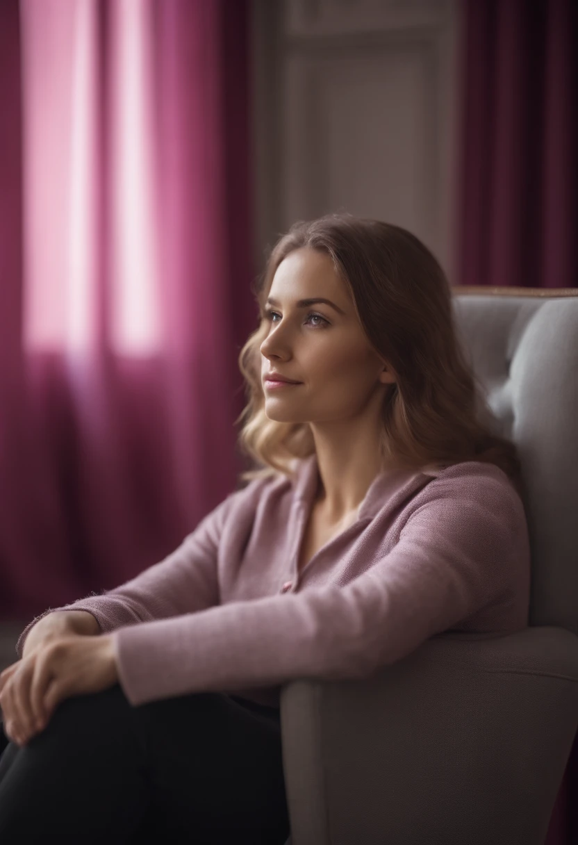 young woman siting on armchair ((close up)) in the style of light magenta and light gray, calm and meditative, barbizon school, exaggerated facial features, light brown and white, happycore,
