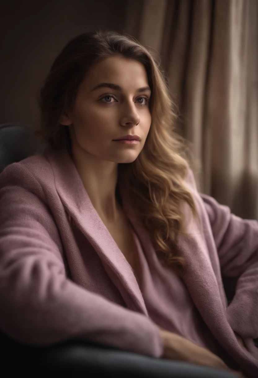 young woman siting on armchair ((close up)) in the style of light magenta and light gray, calm and meditative, barbizon school, exaggerated facial features, light brown and white, happycore,