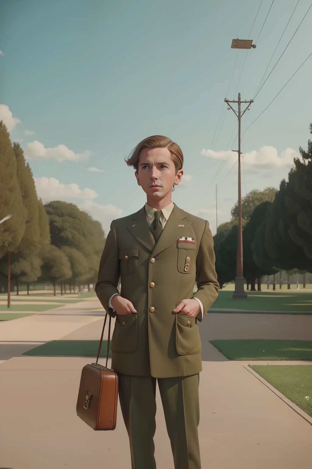 A 1940s boy in a park ((Wes Anderson)) ((cinematic style))