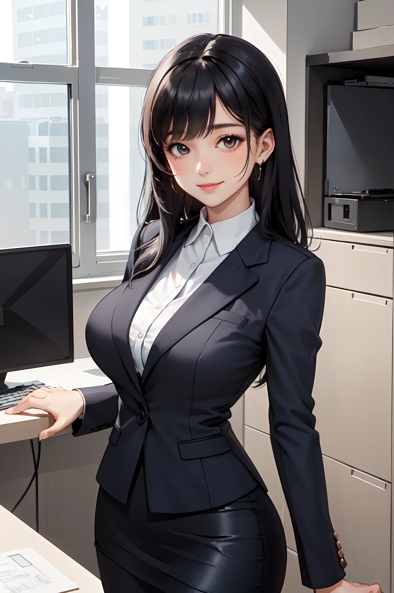 /(Modern office indoors/), 1 Lady Solo, /(Suit Jacket Pencil Skirt Navy/) ID Card, /(Black hair/) Bangs, blush gentle smile, (masterpiece best quality:1.2) Ultra-detailed, Large breasts