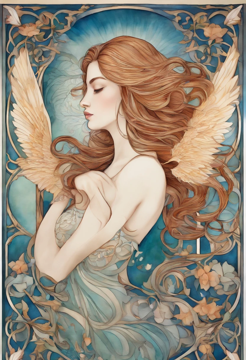 Tide play,Rexray, Split color hair, Wind, flying petal, stainedglassai, ornamental, Intricate details, dufkova, 2D, linear art, aquarelle, Ink and watercolor, random color hair, Super long hair, Wavy, 1girll,alraune,flower, alraune,