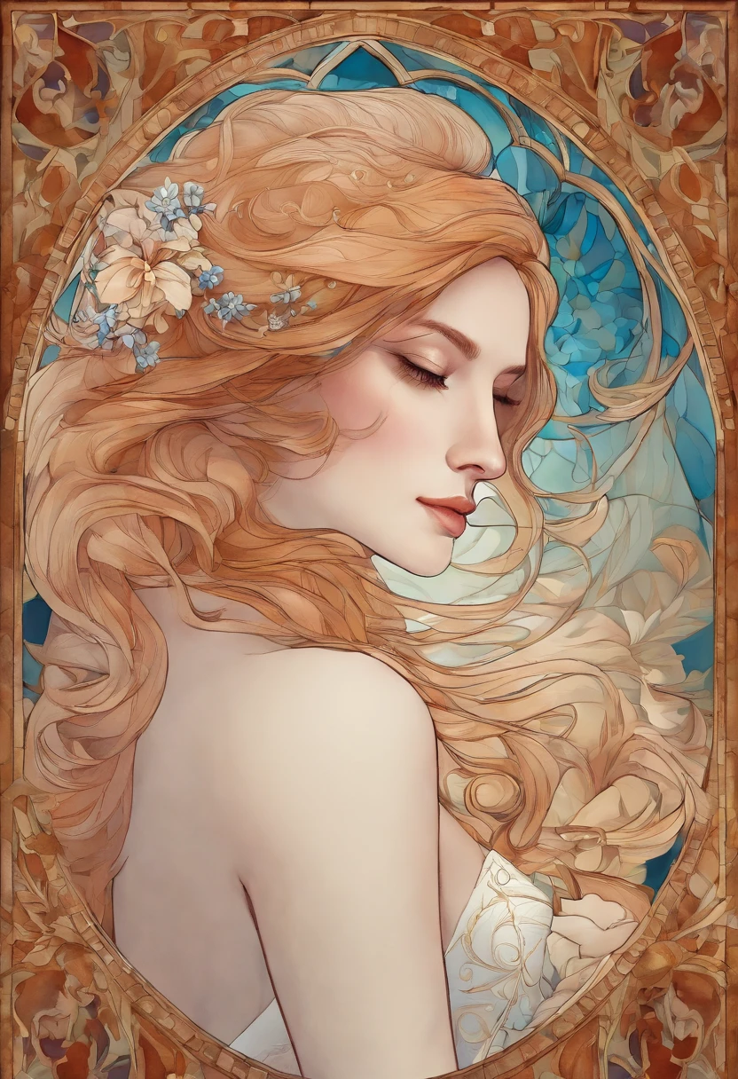 Tide play,Rexray, Split color hair, Wind, flying petal, stainedglassai, ornamental, Intricate details, dufkova, 2D, linear art, aquarelle, Ink and watercolor, random color hair, Super long hair, Wavy, 1girll,alraune,flower, alraune,