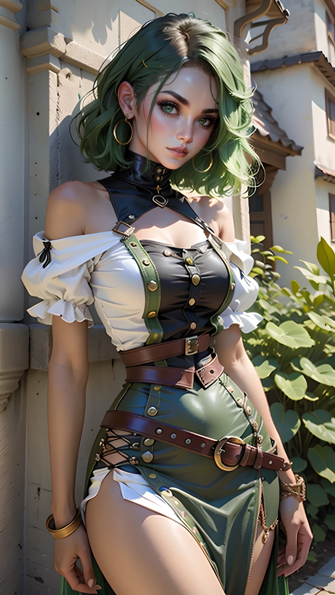 Mulher bonita com cabelo cacheado r de cor verde, segurando uma espada, saia de couro e blusa curta estilo Steampunk, topo de corte