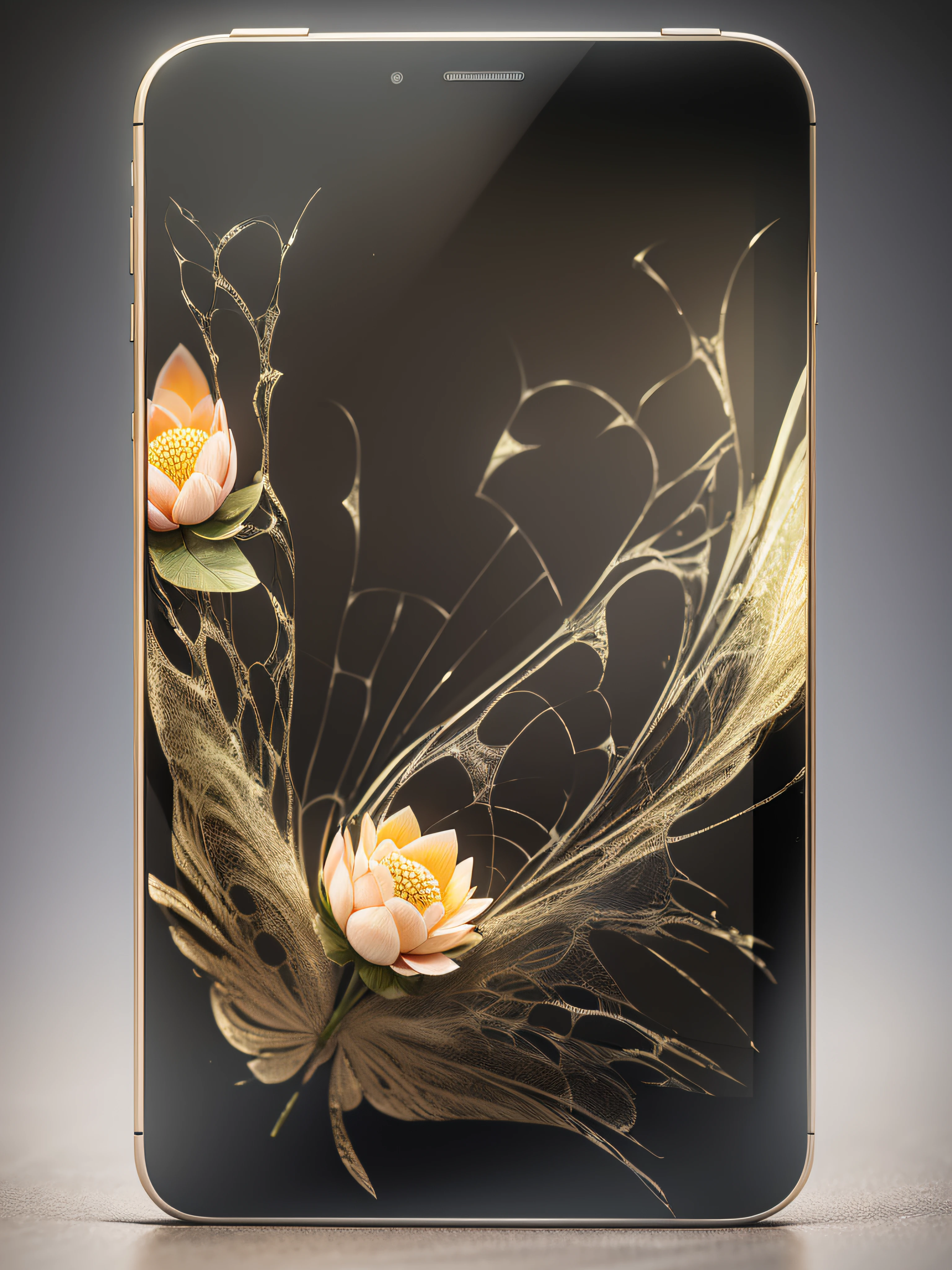 best quality, ultra-detailed, realistic, smartphone, modern, The transparent metal finish shows the internal circuitry, edge-to-edge display, colorful on phone screen with butterflies and lotus flowers, 3D display screen, 3-dimensional, The display can be projected outward in 3 dimensions, colorful digital fantasy art, thin bezels, crystal clear screen, vibrant colors, sleek design, high-tech features,