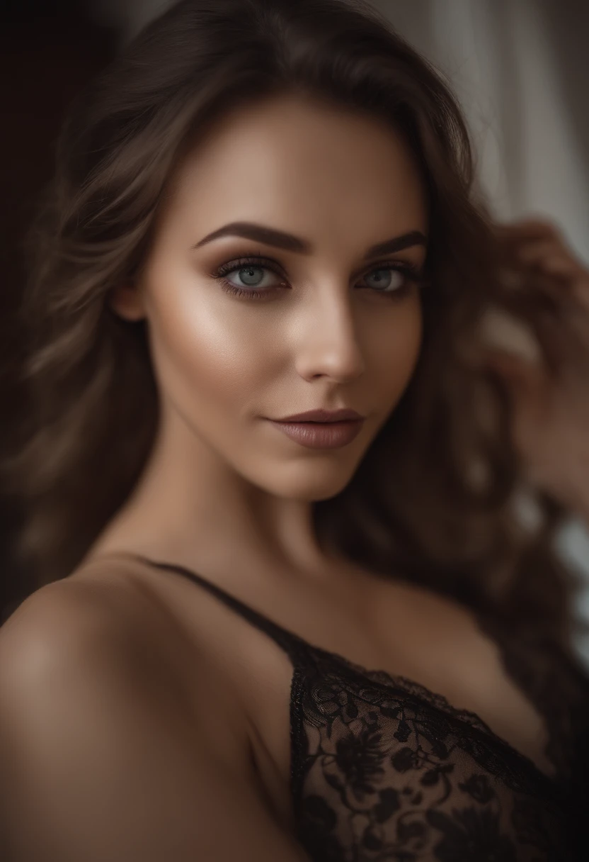Arafed woman completely naked, Sexy girl with brown eyes, aufgenommen mit Sony A7 II, ultra realistisch, Akribisch detailliert, portrait sophie mudd, brown hair and big eyes, Selfie einer jungen Frau, Augen im Schlafzimmer, Violet Myers, ohne Make-up, Natural makeup, Blick direkt in die Kamera, Gesicht mit Artgram, dezentes Make-up, Stunning full body shot, die vor dem Spiegel steht, medium to large bust size