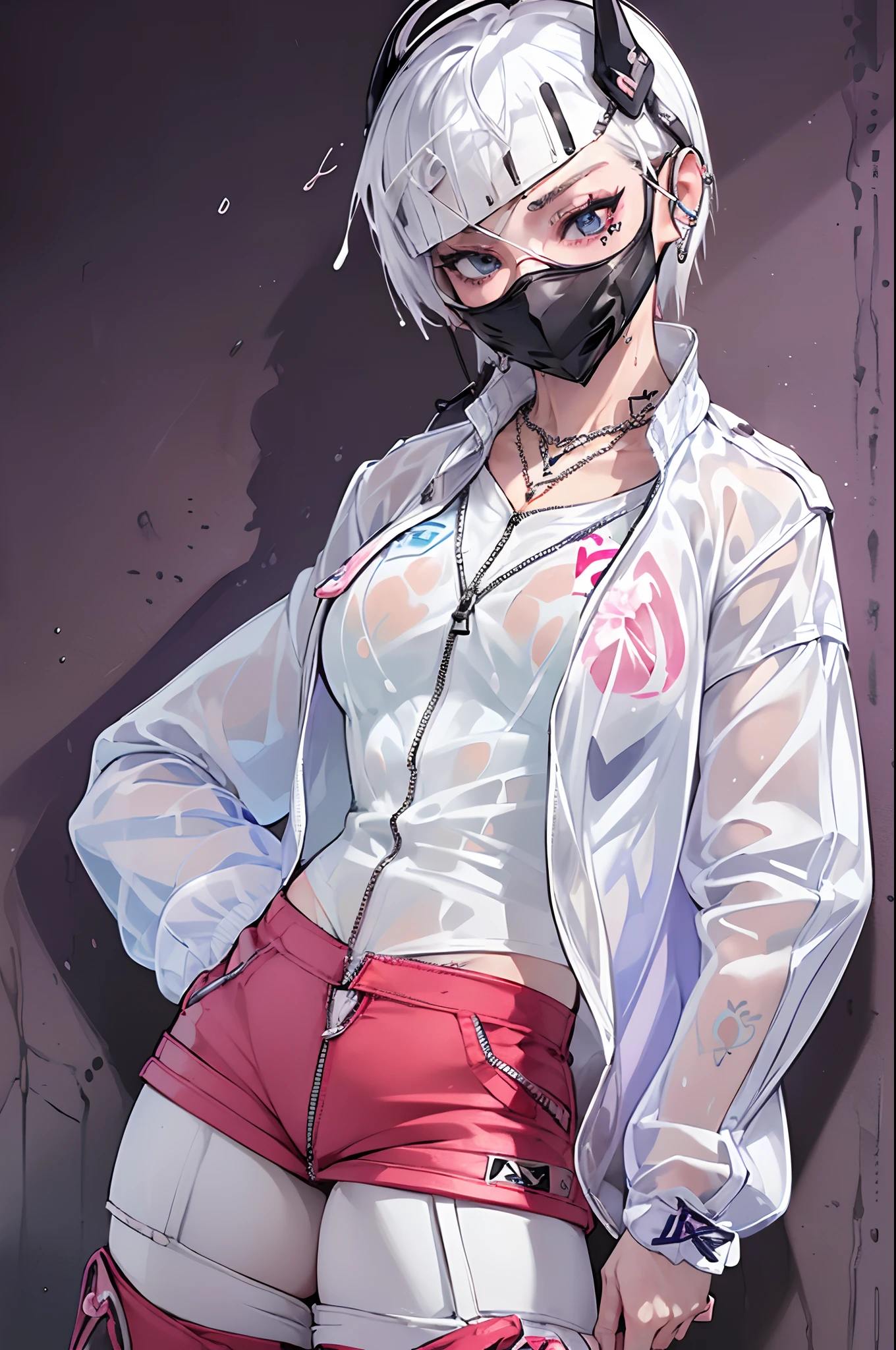 female gamer, ((wet thin white shirt, opened zip fashion wind breaker, hot pants, glasses, earring, necklace, blet, face mask, earphone, cute collar, bitch tattoo on body 1:3)), (idol charming aura, blur effect, bubble effect, black glowing pupil, arcade style make up, petite, blushing face, angry face, blonde color hair), (masterpieces, extreme body detail, high resolution, original character, best anime 16k wallpaper quality), club bar background, full body shot