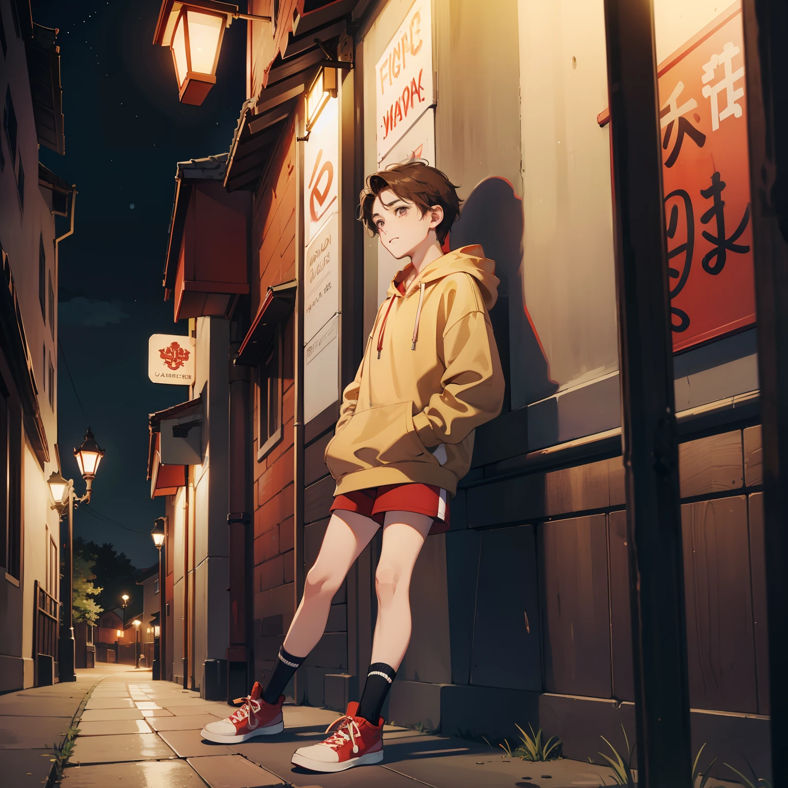Crayon drawing of anime boy, A teenager,Brown wavy hair, browneyes, Red hoodie, Beige shorts, knee high socks, Red high-top sneakers, street, Leaning against the lamppost, during night, soft and warm lighting