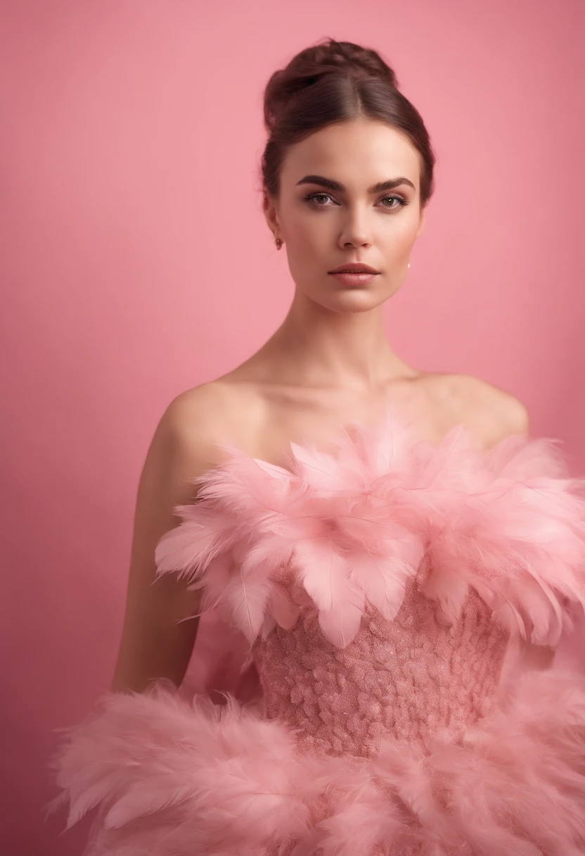 Beautiful girl wearing pink dress, pink background, style made of feathers, futuristic victorian era, collage style layered, focus stacking, layered form, textured fabric, oversized object, in rose from inside, era Magazine photography, (upper body)
