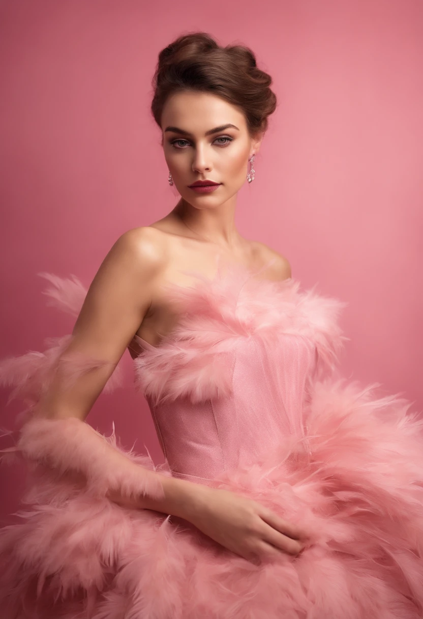 Beautiful girl wearing pink dress, pink background, style made of feathers, futuristic victorian era, collage style layered, focus stacking, layered form, textured fabric, oversized object, in rose from inside, era Magazine photography, (upper body)