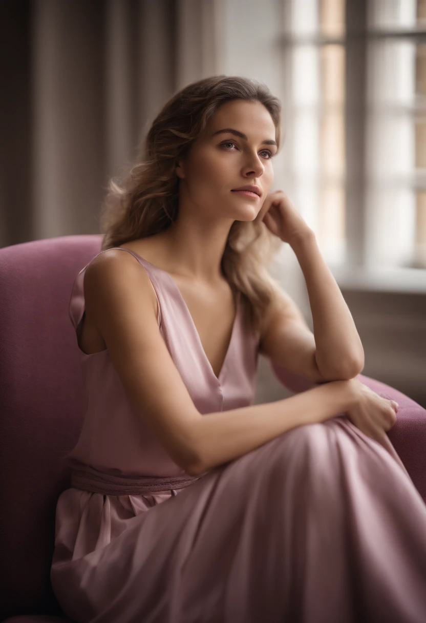 "Captivating and stunning fit 21 year old girl, effortlessly lounging on a luxurious sofa, legs gracefully crossed, bathed in soft ambient light, full-body portrait, adorned in transparent baby doll lingerie, side boob, strikingly realistic, engaging gaze towards the viewer, hidden hands, sexy pose