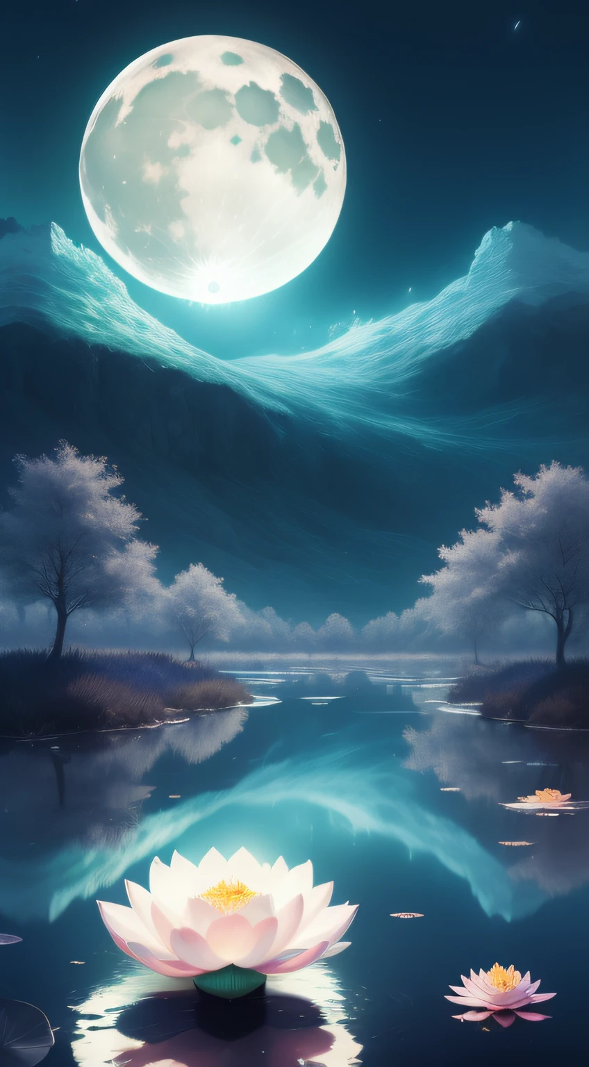 (((the night))),(((the huge moon))),Moonlight is reflected on the surface of the water,Green Dragon,lotus flower,Huge pond,Faraway view,Wide world,inverted image,Water streaks