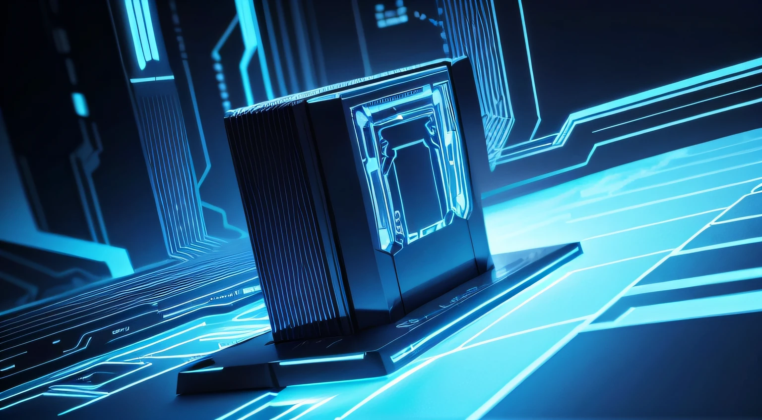 Draw a picture of a flat CPU，Blue tones are required，The background is a lot of glowing lines