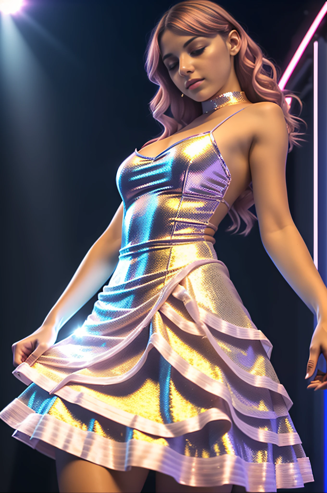 high quality photorealistic, a beautiful sexy18 yo european girl is wearing a short holographic silver sequins wavy dress in a party,  the skirt is short and flared, her pose is dancing and erotic, pink hair, expressive hair, pink makeup, flirty, no bra, lots of gold jewelry, night club, cinematic, rgb led