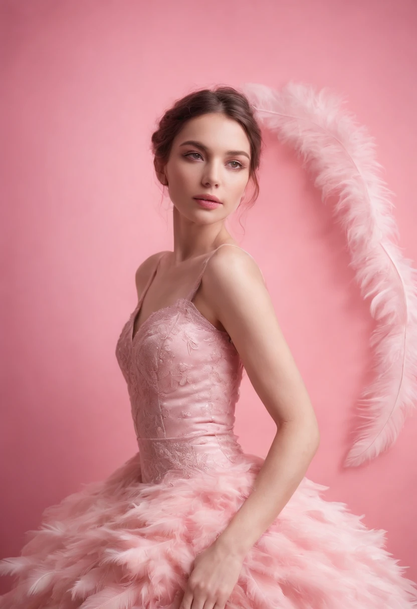 Beautiful girl wearing pink dress, pink background, style made of feathers, futuristic victorian era, collage style layered, focus stacking, layered form, textured fabric, oversized object, in rose from inside, era Magazine photography, (upper body)