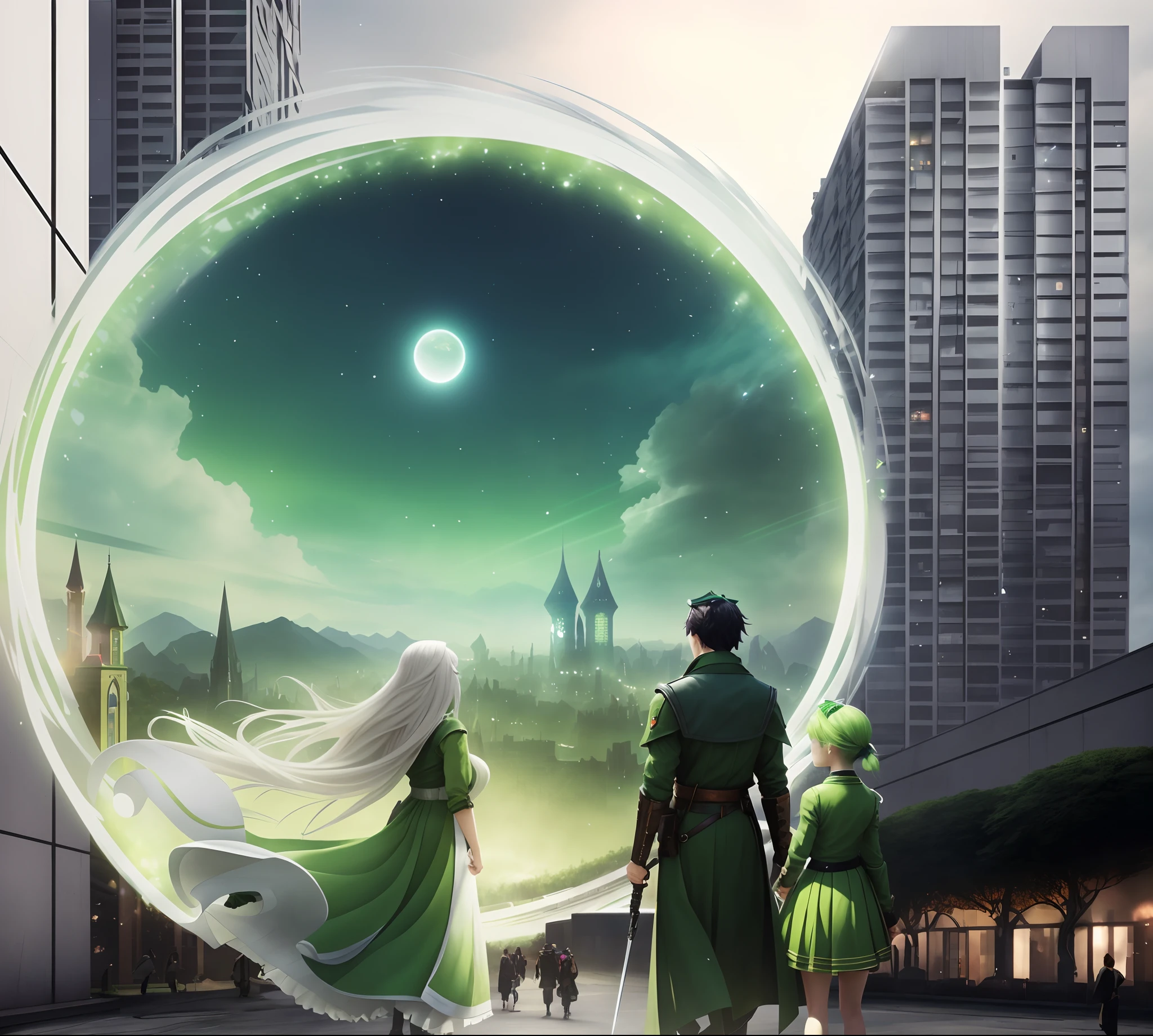 A magician,Face away from the picture,long white hair,Green eyes,White with green accents,Hold a magic wand,Depict a circle of light,At her feet is a city of reinforced concrete,Within the aperture is a fairytale-like green meadow,Among them is a tree full of white flowers,To his right is a young man,Face away from the picture,dark brown hair,Green clothes,A sword was pinned to his waist,On the right is a young woman,Face away from the picture,Light green hair,green uniform,Green butterfly hairpin, Stylized urban fantasy artwork, Realistic fantasy rendering, 3 d render beeple, in fantasy sci - fi city, Art fantastique grand angle, fantasy cityscape, beautiful render of a fairytale, Realistic fantasy illustration, artgem and beeple masterpiece