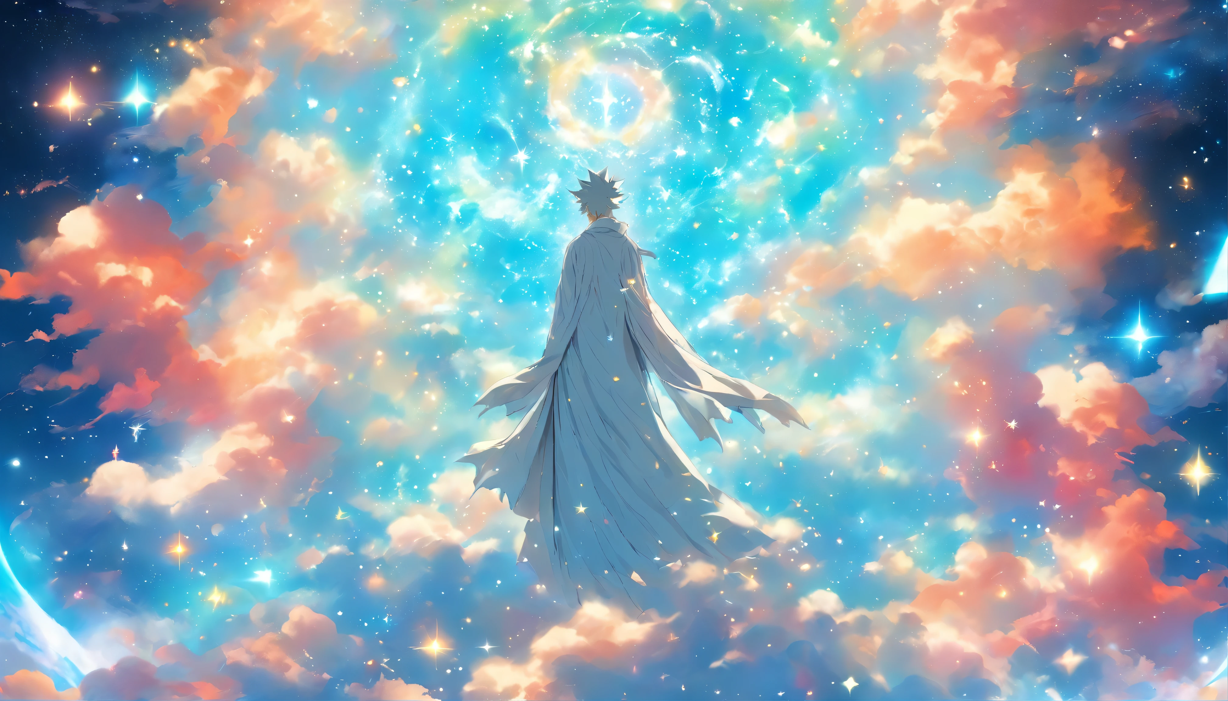 A mysterious figure in a white robe standing at the center of the world, surrounded by countless stars and cosmic nebulae, extending his hands as if creating and shaping the entire world, ,in the style of the stars art group xing xing, 32k, best quality, masterpiece, super detail, high details,