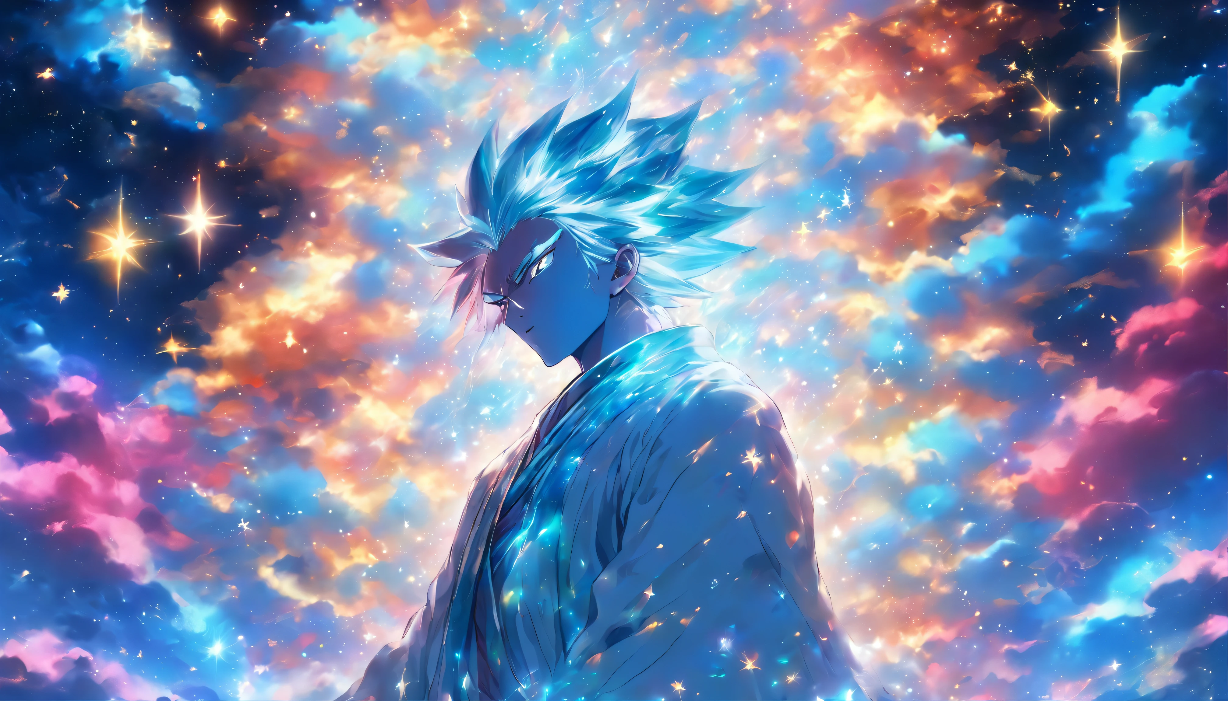 A mysterious figure in a white robe standing at the center of the world, surrounded by countless stars and cosmic nebulae, extending his hands as if creating and shaping the entire world, ,in the style of the stars art group xing xing, 32k, best quality, masterpiece, super detail, high details,