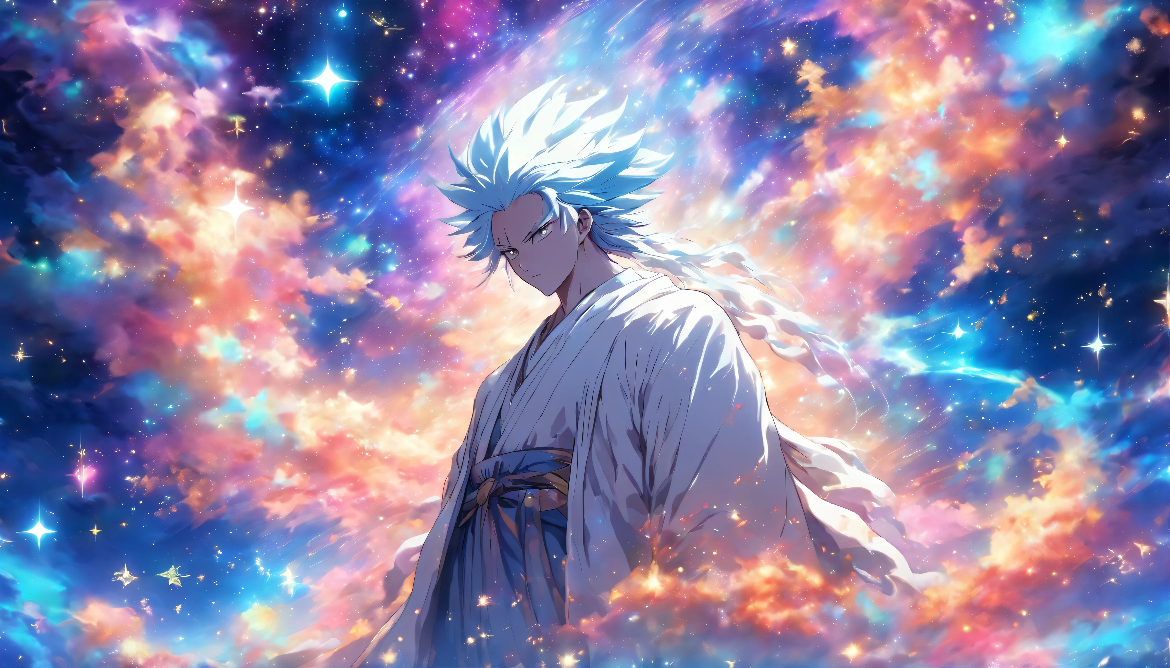 A mysterious figure in a white robe standing at the center of the world, surrounded by countless stars and cosmic nebulae, extending his hands as if creating and shaping the entire world, ,in the style of the stars art group xing xing, 32k, best quality, masterpiece, super detail, high details,