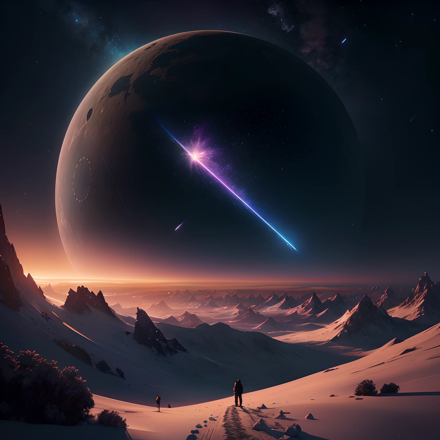 starry sky with a person walking on a path to heaven in the snow, 3 d render beeple, by Christopher Balaskas, 4k highly detailed digital art, 8k stunning artwork, jessica rossier fantasy art, beeple and tim hildebrandt, artem demura beeple, inspired by Christopher Balaskas, by jessica rossier