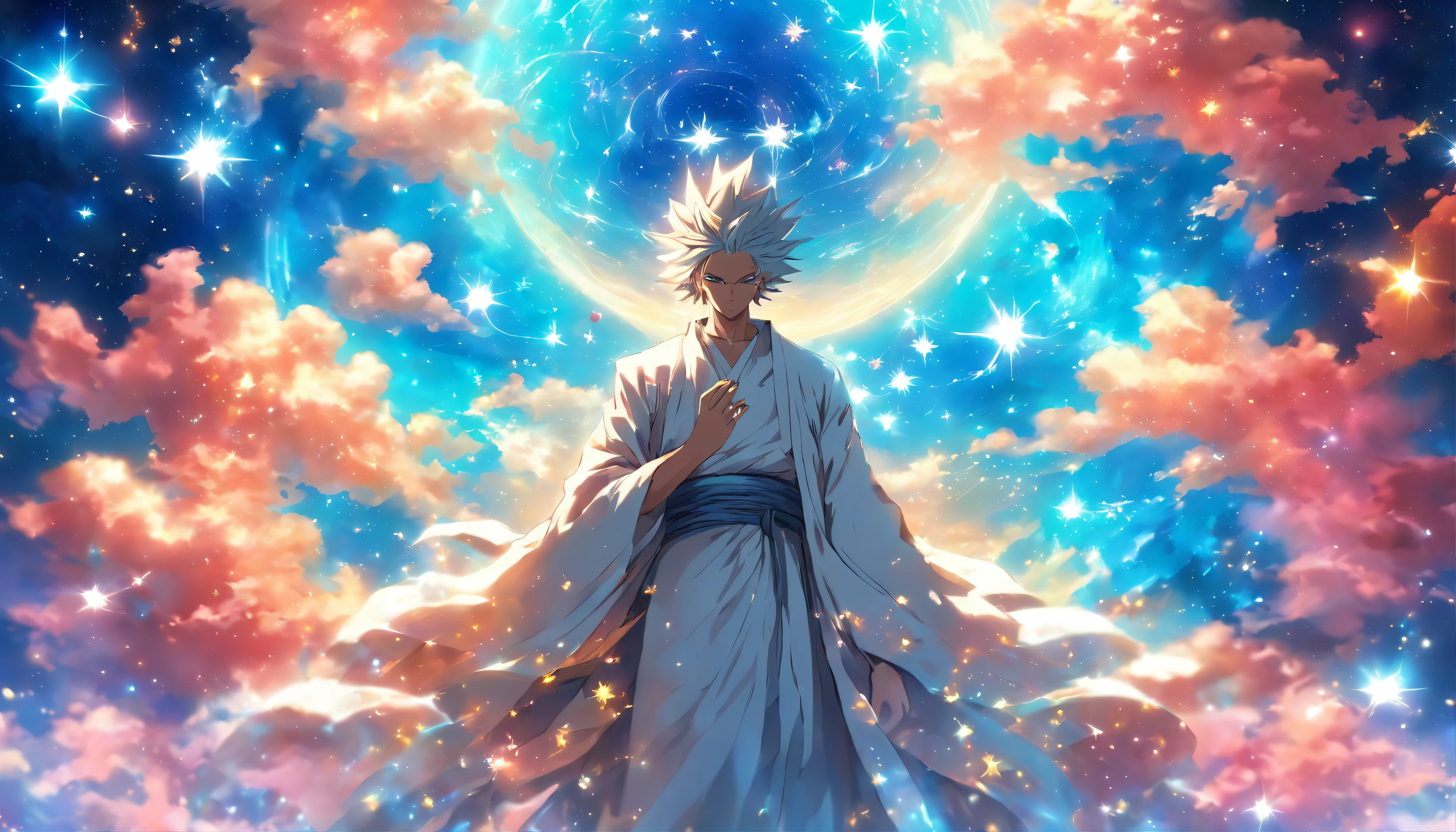 A mysterious figure in a white robe standing at the center of the world, surrounded by countless stars and cosmic nebulae, extending his hands as if creating and shaping the entire world, ,in the style of the stars art group xing xing, 32k, best quality, masterpiece, super detail, high details,