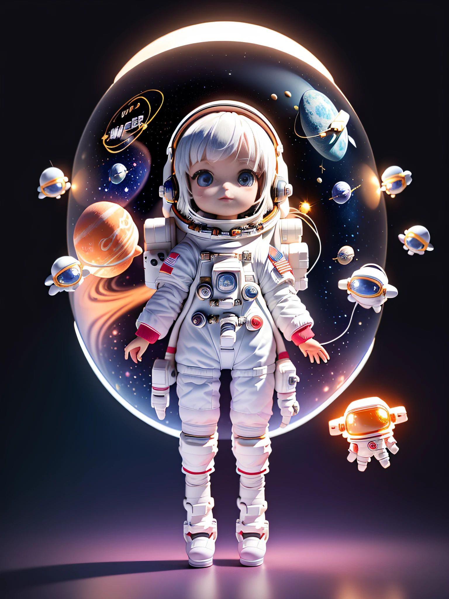 Super cute boy full body 3D drawing,1pc,good eyes looking,largeeyes,adolable,having fun,c4d,Pop Matt Blind Box,Long white hair,Glowing bubbles,toys,solid color backdrop,tchibi,Fluorescent transmission,luminous body, kawaii,dolls,(((The astronaut,space suit))),reference sheet,Pop Mart Blind Box,Pixar,complexdetails,3Drenderingof,blender,OC renderer,fol body reference sheet,dribble,high details,8k,studio lighting,loli,petite,child,chibi , SD character：1.1，Magic space silo background