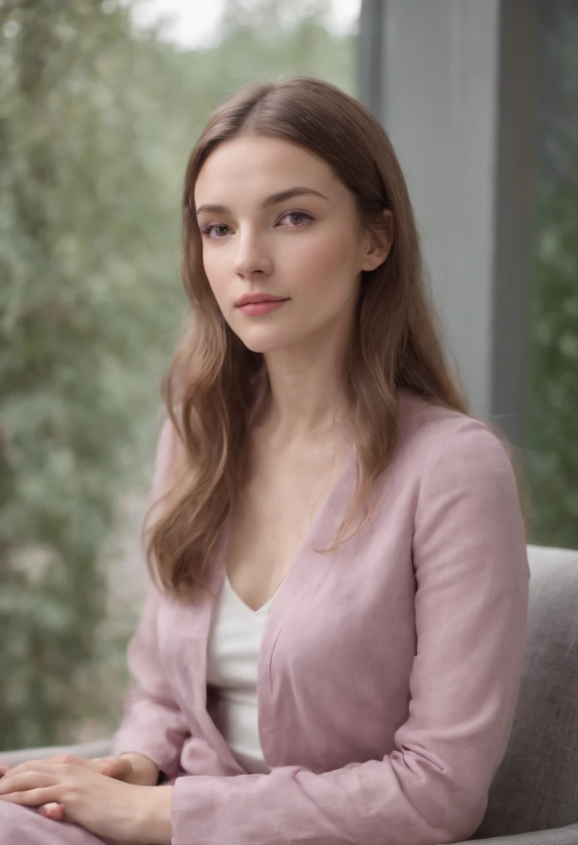 young woman siting on armchair in the style of light magenta and light gray, calm and meditative, barbizon school, exaggerated facial features, light brown and white, happycore, (upper body)