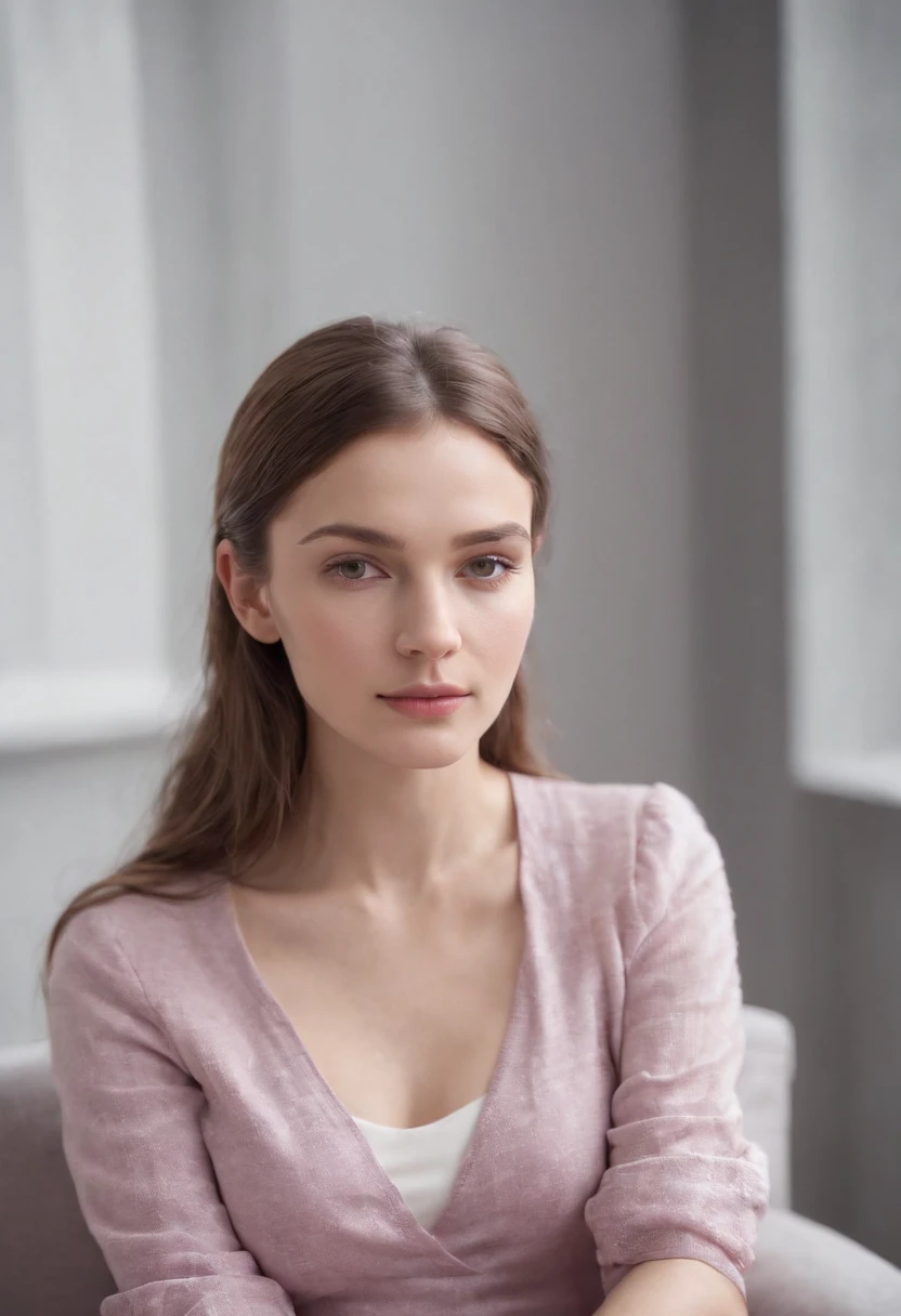 young woman siting on armchair in the style of light magenta and light gray, calm and meditative, barbizon school, exaggerated facial features, light brown and white, happycore, (upper body)
