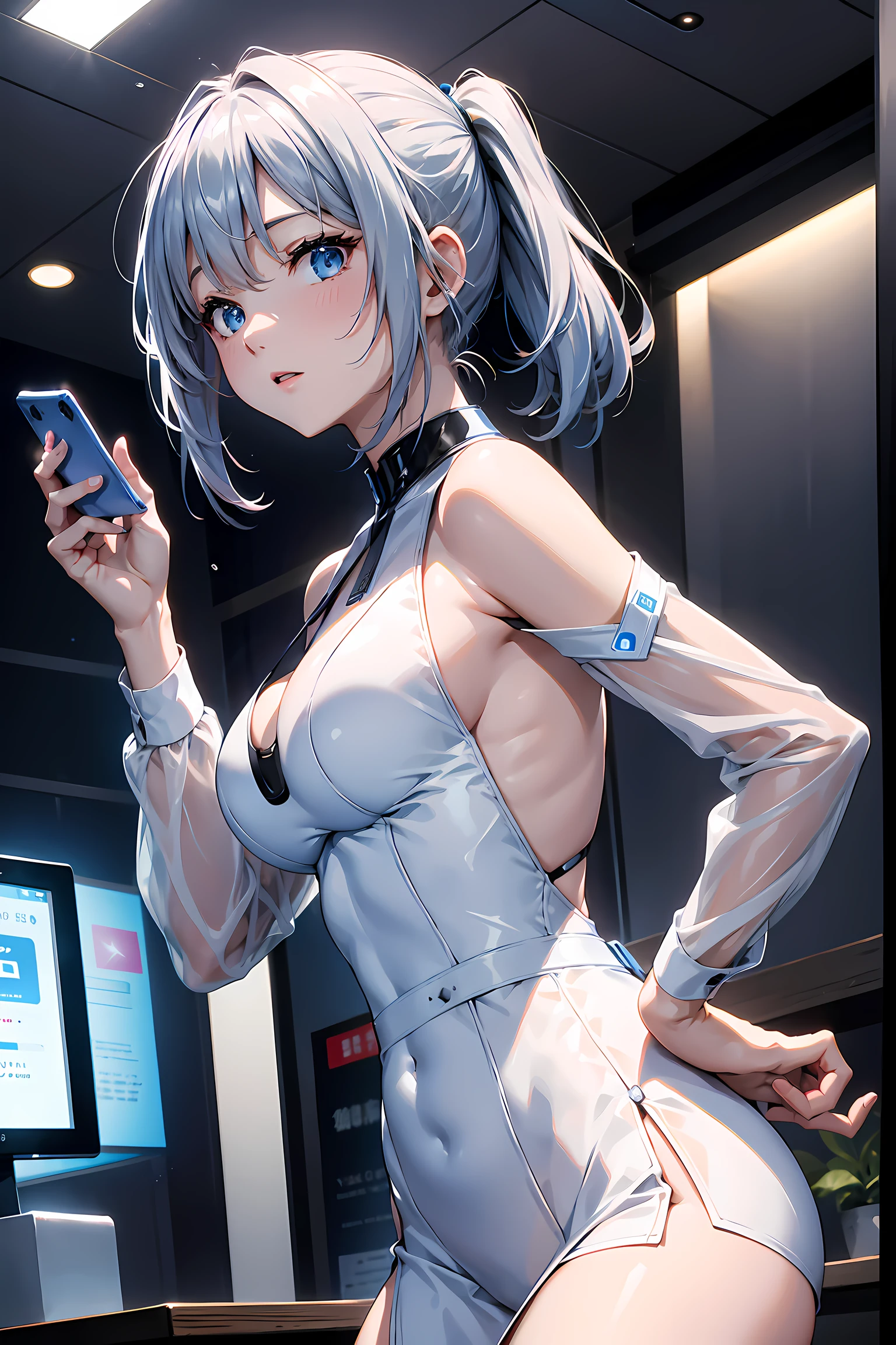 Smartphone design、Next-generation smartphones、Transparent body、Holographic dial、Carry it on your arm、Female android with smartphone on arm、Smartphone exhibitions、Event Venues、Android Companion、Projecting holograms from a smartphone mounted on an arm、Introducing smartphones、simple white backgorund, stylish table, Smartphone on display on the table、Female android wearing formal suit made up of white and blue,