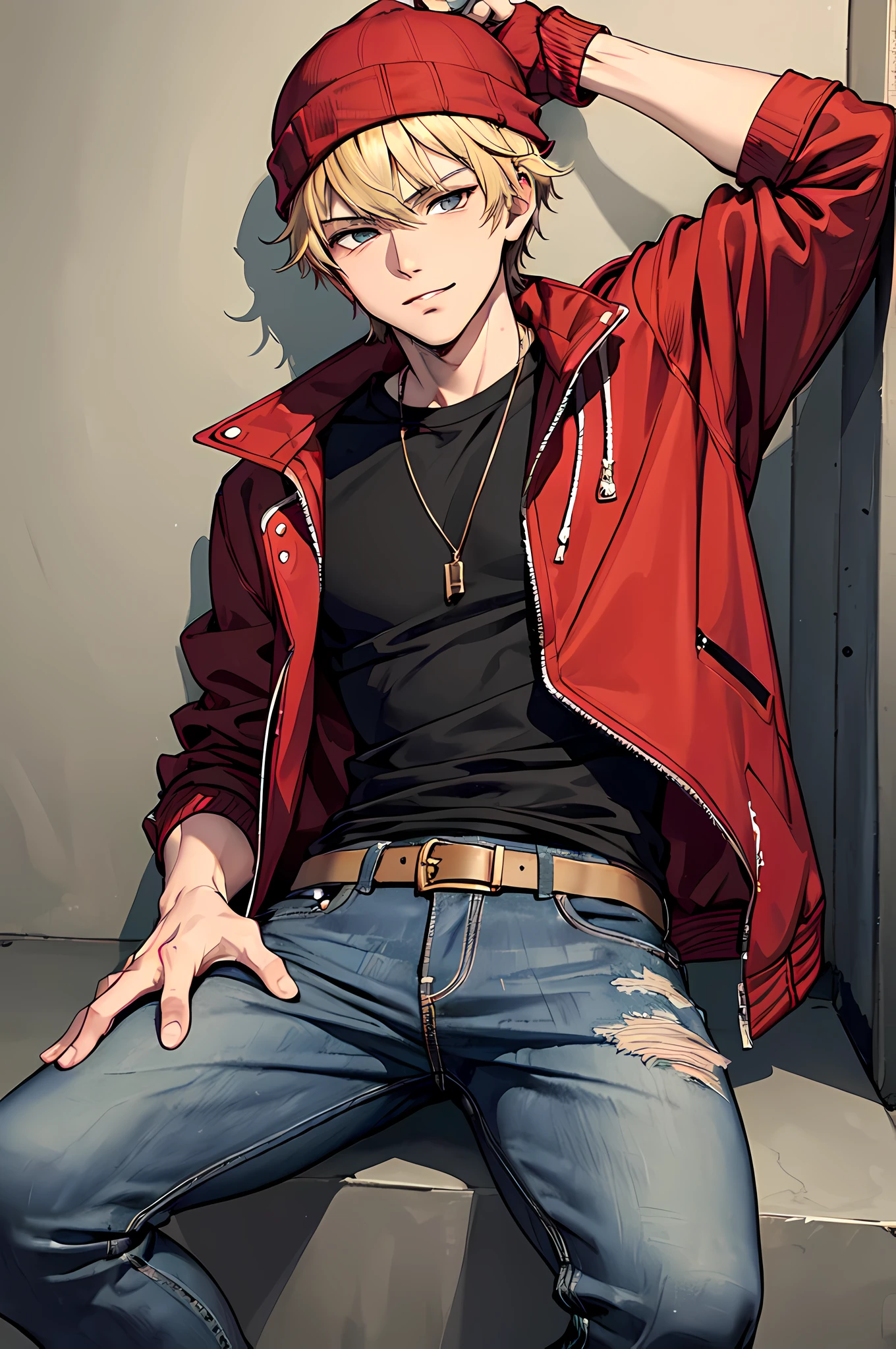 best quality,masterpiece,original,extremely detailed wallpaper,looking at viewer,1boy,solo,male,male focus,blonde hair, black beanie,smug, cutoff jeans, red and grey jacket