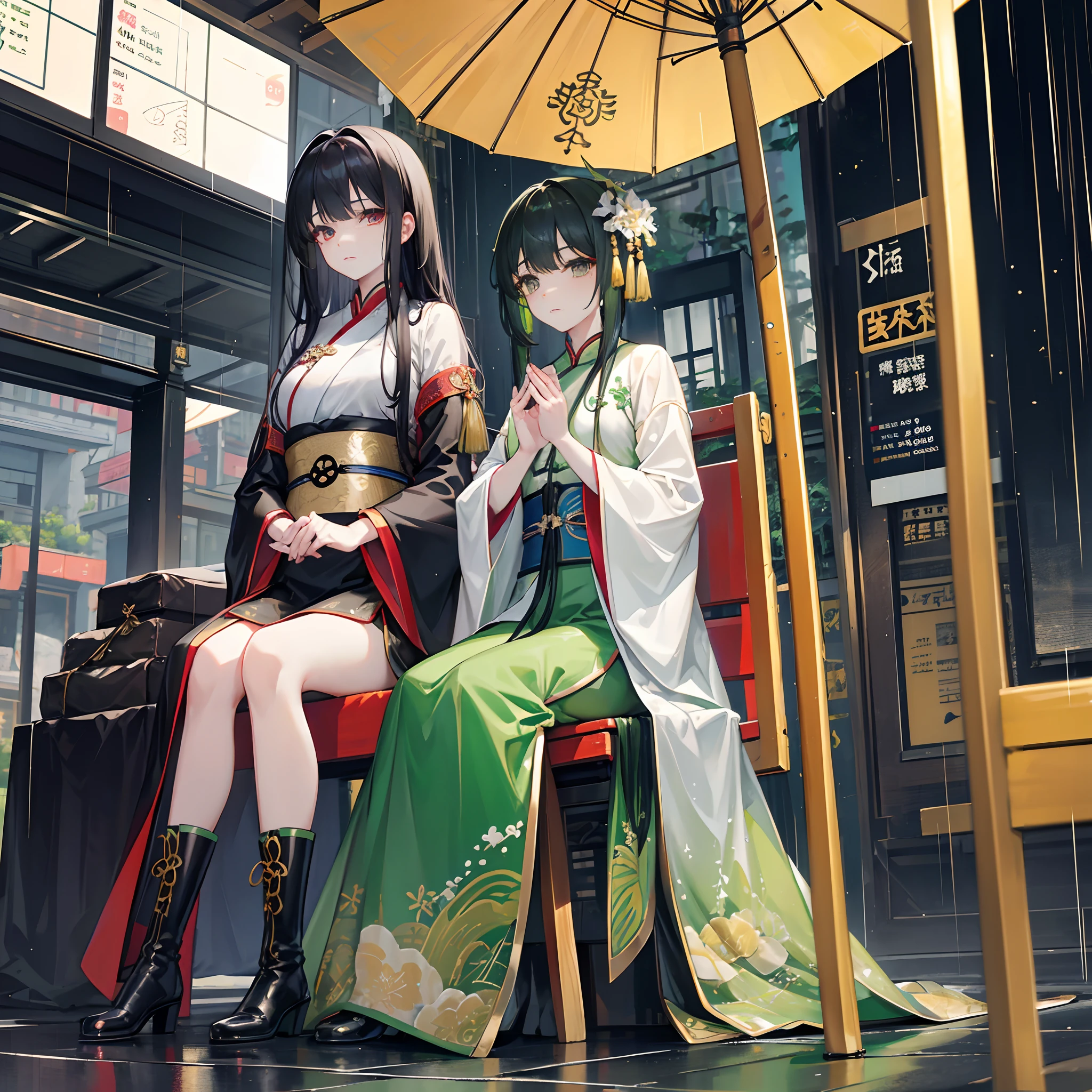 Gorgeous Hanfu,Green Hanfu,Hanfu,Female Taoist,Chinese medicine,Black hair,Golden pupils,Black leather boots,Sit in a waiting chair at the bus stop,Wait for the bus,Heavy rainy days,serious expressions