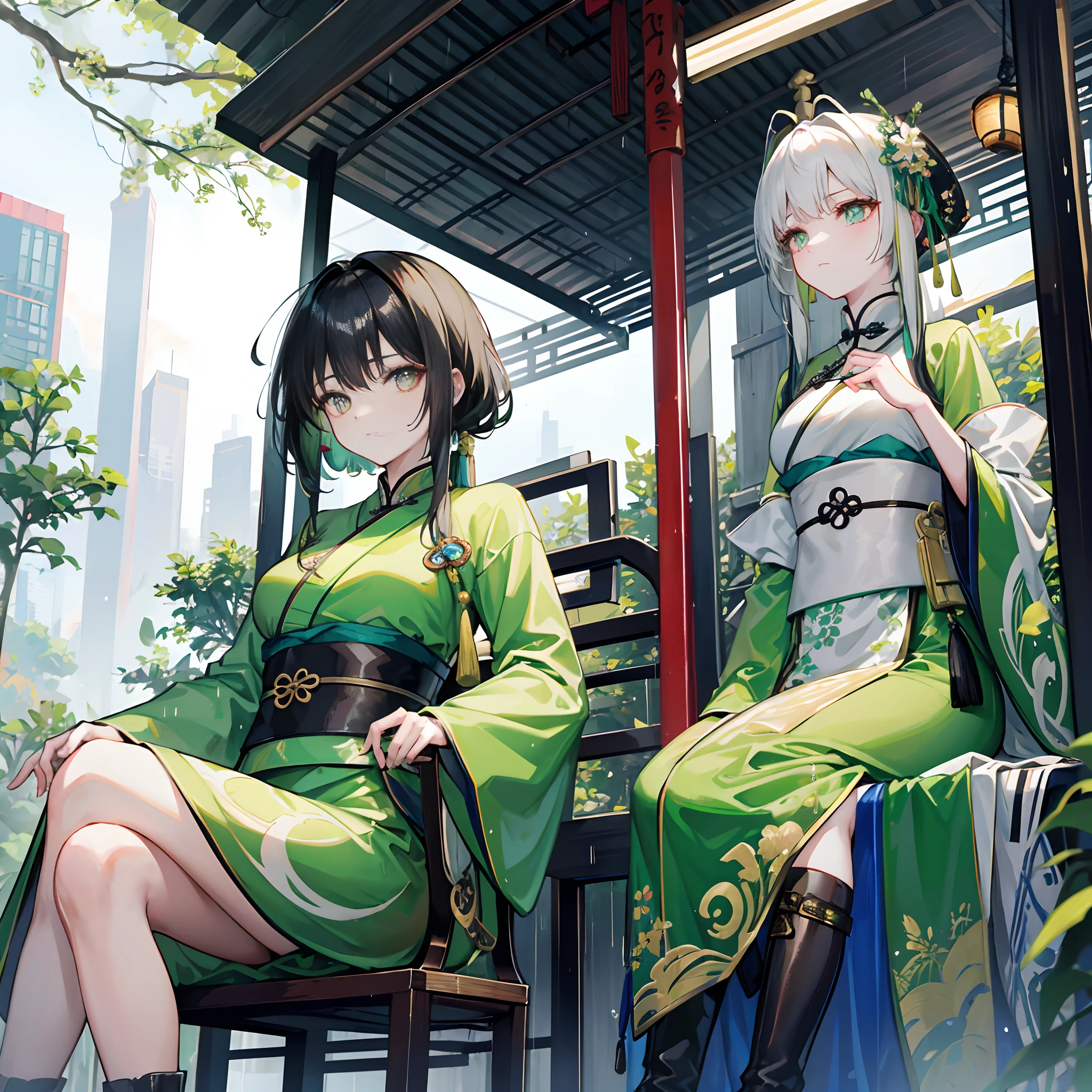 Gorgeous Hanfu,Green Hanfu,Hanfu,Female Taoist,Chinese medicine,Black hair,Golden pupils,Black leather boots,Sit in a waiting chair at the bus stop,Wait for the bus,Heavy rainy days,serious expressions
