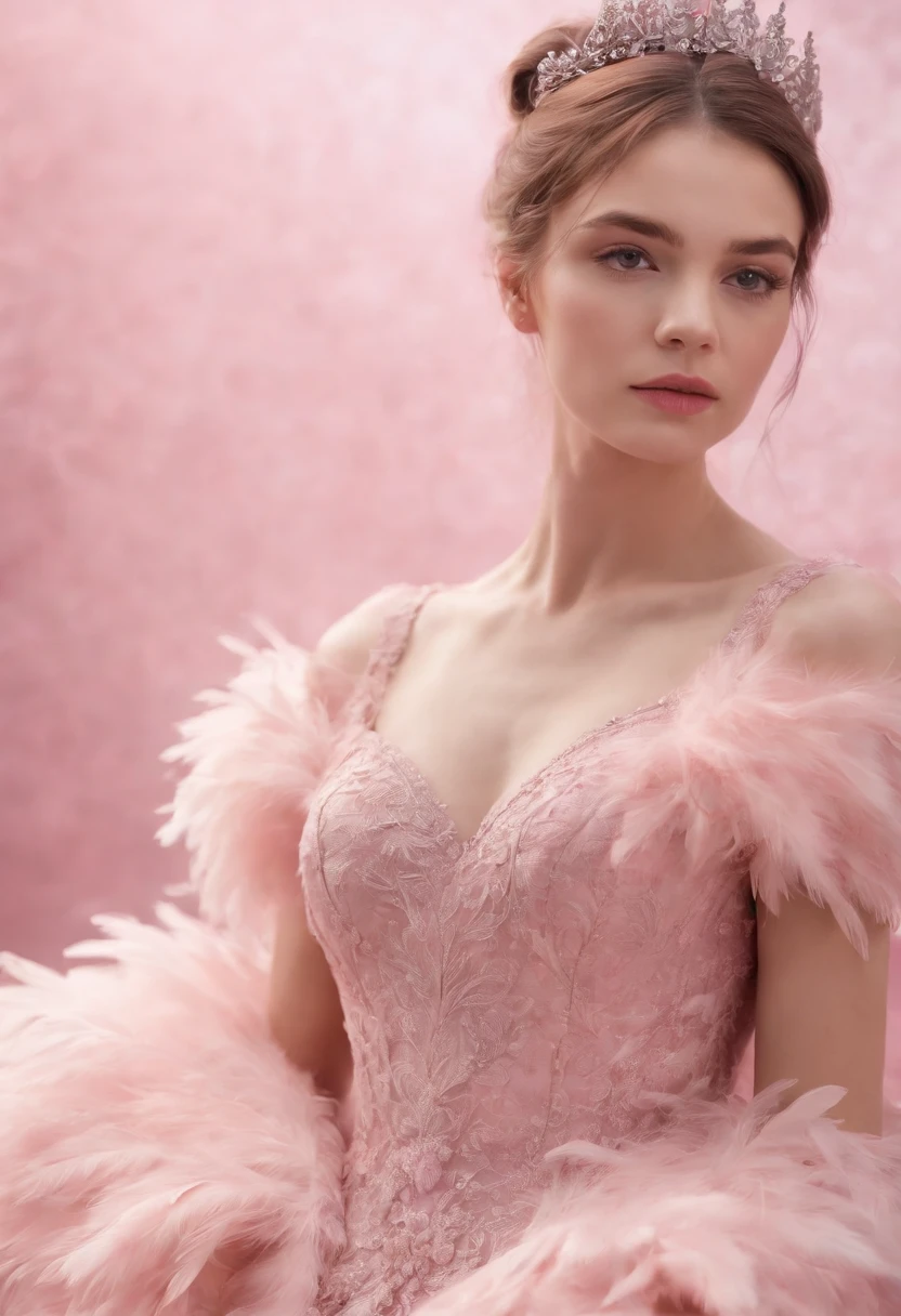 Beautiful girl wearing pink dress, pink background, style made of feathers, futuristic victorian era, collage style layered, focus stacking, layered form, textured fabric, oversized object, in rose from inside, era Magazine photography, (upper body)