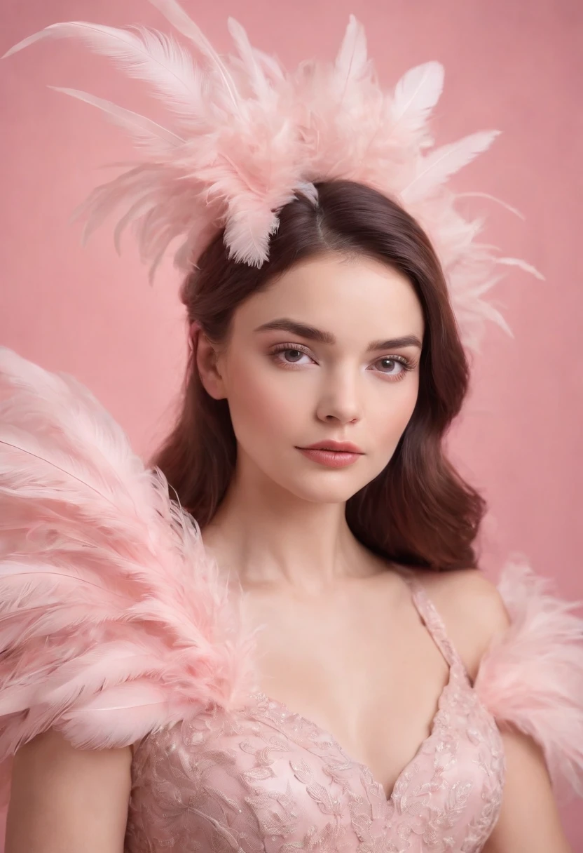 Beautiful girl wearing pink dress, pink background, style made of feathers, futuristic victorian era, collage style layered, focus stacking, layered form, textured fabric, oversized object, in rose from inside, era Magazine photography, (upper body)