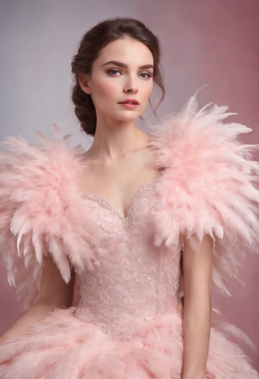 pretty girl in pink dress on pink background, in the style of made of feathers, futuristic victorian, collage-like layering, focus stacking, layered forms, textured fabrics, oversized objects