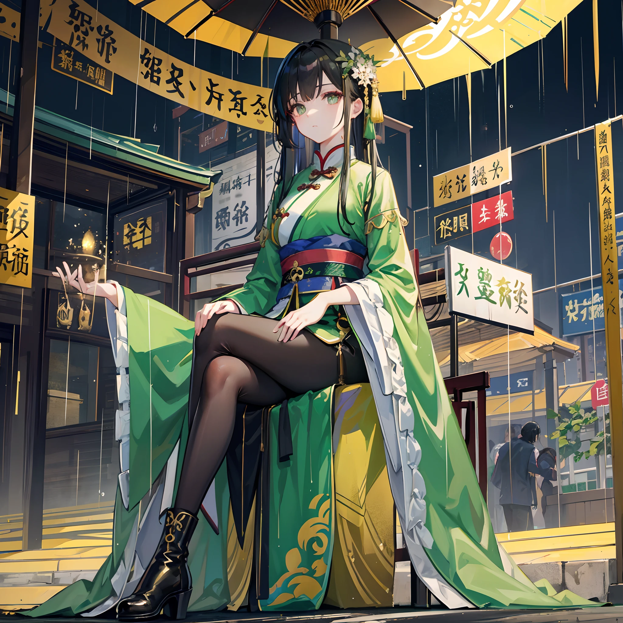 Gorgeous Hanfu，Green Hanfu，Hanfu，Female Taoist，Chinese medicine，Black hair，Golden pupils，Black leather boots，Sit in a waiting chair at the bus stop，Wait for the bus，Heavy rainy days，serious expressions